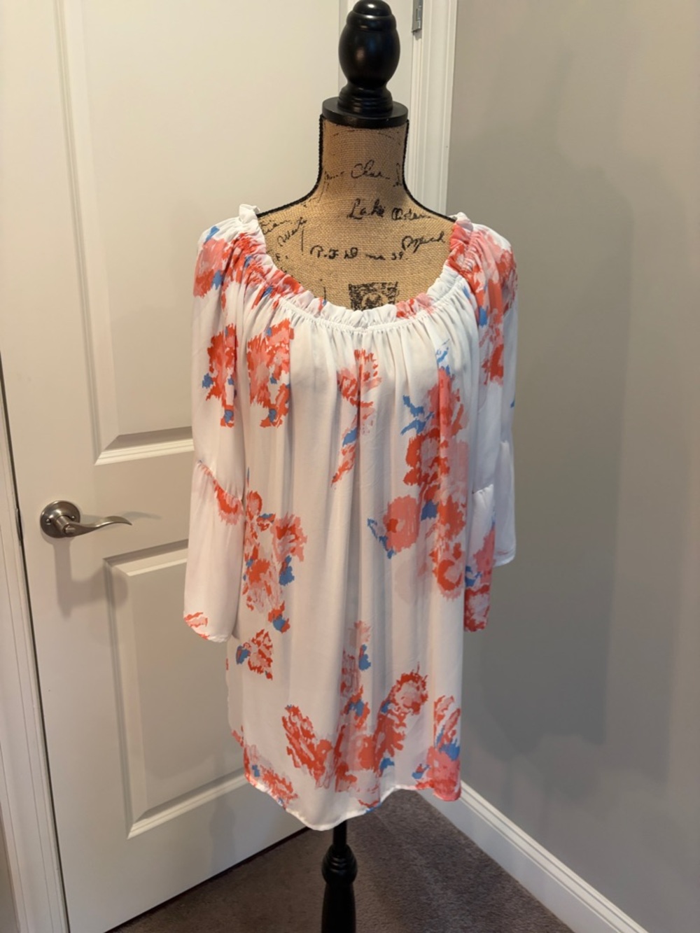 Violet & Claire White Floral Off-Shoulder Tunic with Coral & Blue Accents